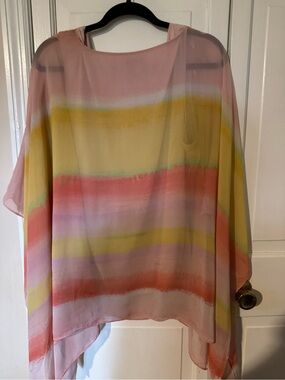 JM Collection Pastel Watercolor Sheer Chiffon Overlay Poncho Top XL pink yellow